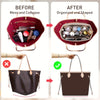 Before and after comparison of a felt purse organizer insert set showing messy items versus organized and shaped contents.