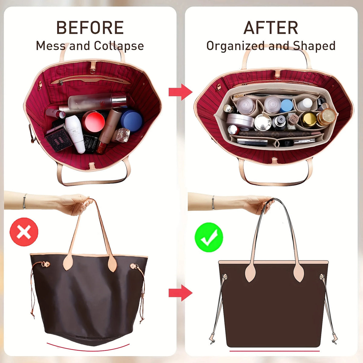 Before and after comparison of a felt purse organizer insert set showing messy items versus organized and shaped contents.