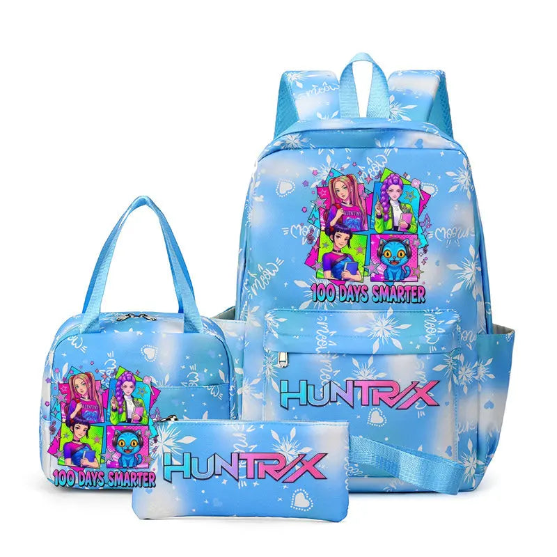 A light blue multi-compartment backpack set featuring colorful graphics and a prominent HUNTRX logo.