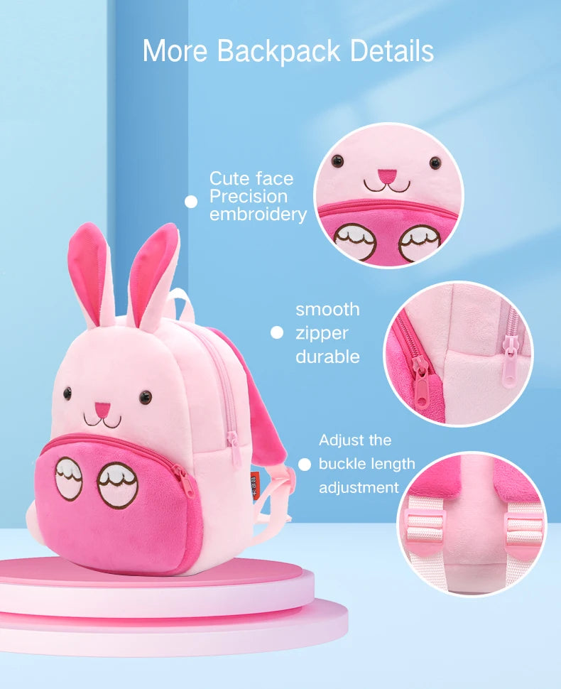 Pink cartoon bunny plush backpack with face embroidery and smooth zipper details