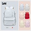 A white Lee Oxford school backpack shown in various pastel colors, featuring a laptop sleeve and padded straps.
