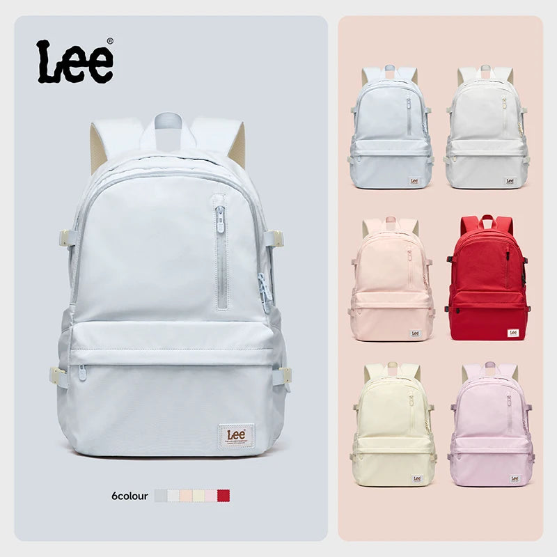 A white Lee Oxford school backpack shown in various pastel colors, featuring a laptop sleeve and padded straps.