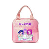 Pink insulated backpack featuring a K-Pop design with characters and the text HUNTR/X