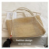 A light beige straw woven tote bag with PU trim and a matching pouch shown on a white background.