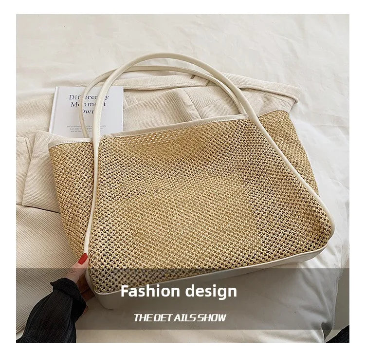 A light beige straw woven tote bag with PU trim and a matching pouch shown on a white background.