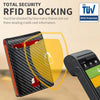 A black bi-fold leather wallet with a red credit card visible, demonstrating RFID blocking security.