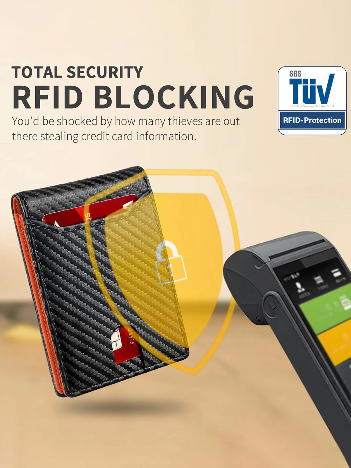 A black bi-fold leather wallet with a red credit card visible, demonstrating RFID blocking security.