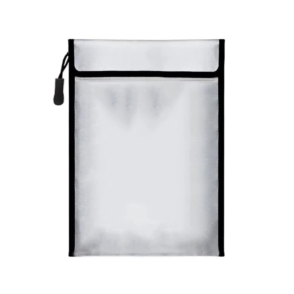 A clear, rectangular document bag with a black zipper and signal blocking features.