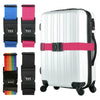 A white rolling suitcase with pink and blue adjustable luggage straps and a combination lock.