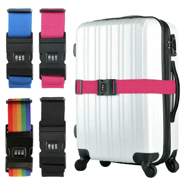 A white rolling suitcase with pink and blue adjustable luggage straps and a combination lock.