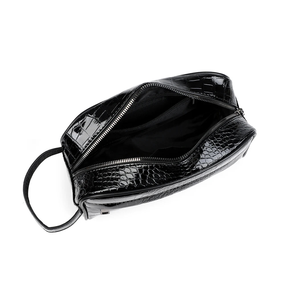 Black men's PU leather clutch handbag with a zipper closure shown from above.