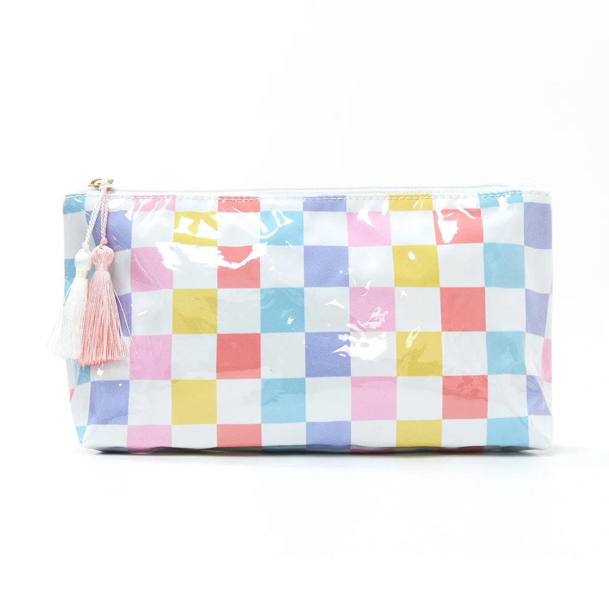 A rectangular cosmetic storage pouch featuring a colorful checkered pattern in pink, yellow, blue, and white squares.