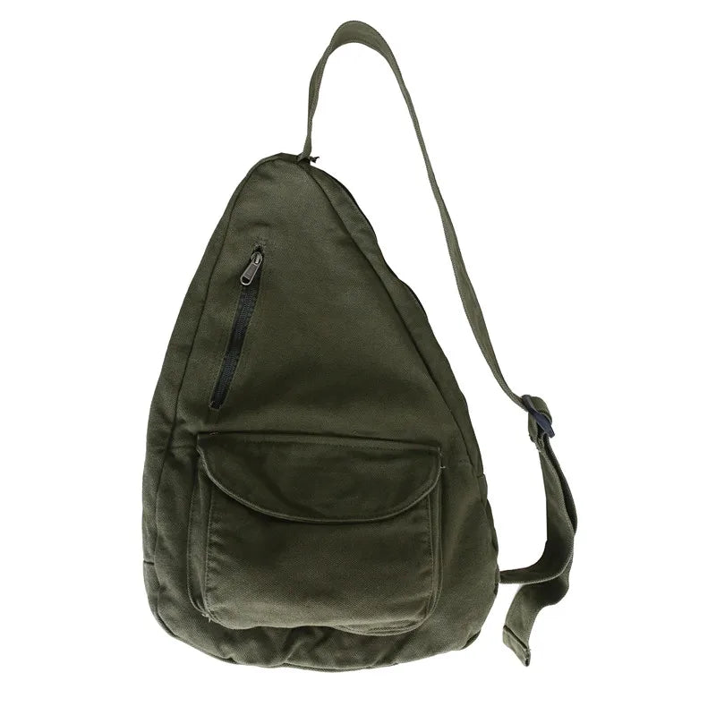 Olive green canvas crossbody shoulder bag with a flap and multiple pockets