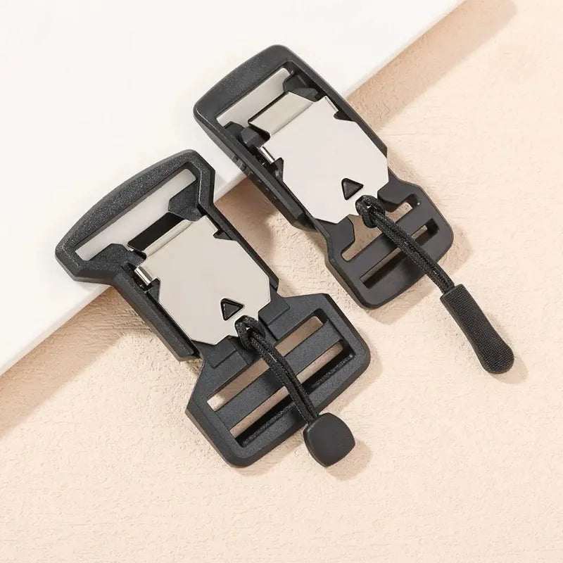 A black magnetic quick release buckle for belts and bags shown in a daylight setting.