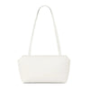 A white genuine leather mini shoulder bag with adjustable straps shown from the front.