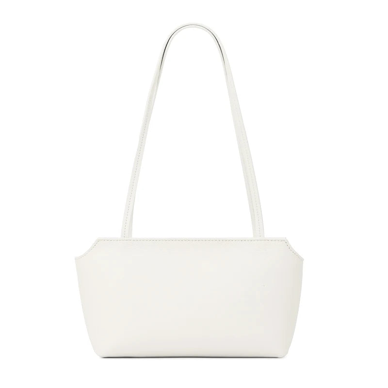 A white genuine leather mini shoulder bag with adjustable straps shown from the front.
