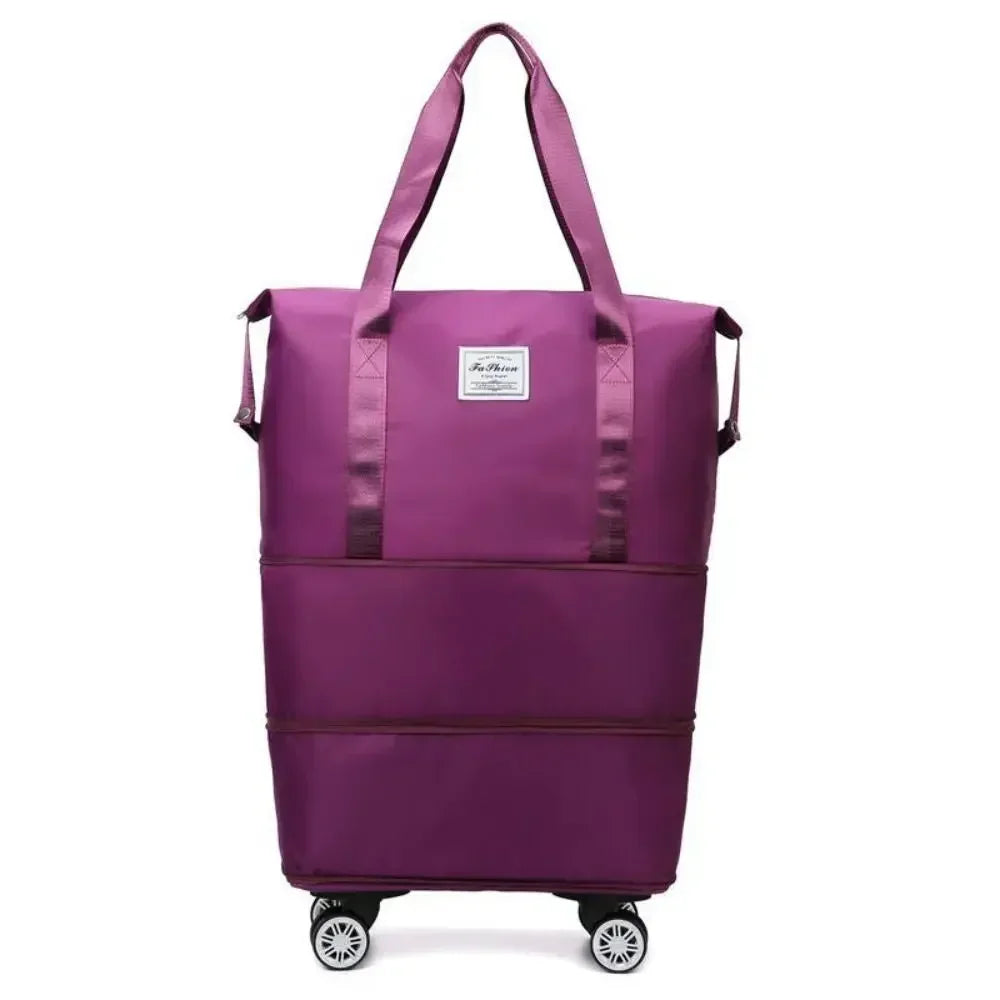 Pochette de voyage violette extensible multi-usage avec poignées et roues.
