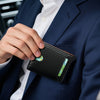A hand in a navy suit jacket is holding a black carbon fiber wallet with an ID window.