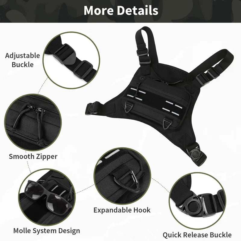 Black tactical chest rig vest bag featuring an adjustable buckle, smooth zipper, expandable hook, and quick release buckle.