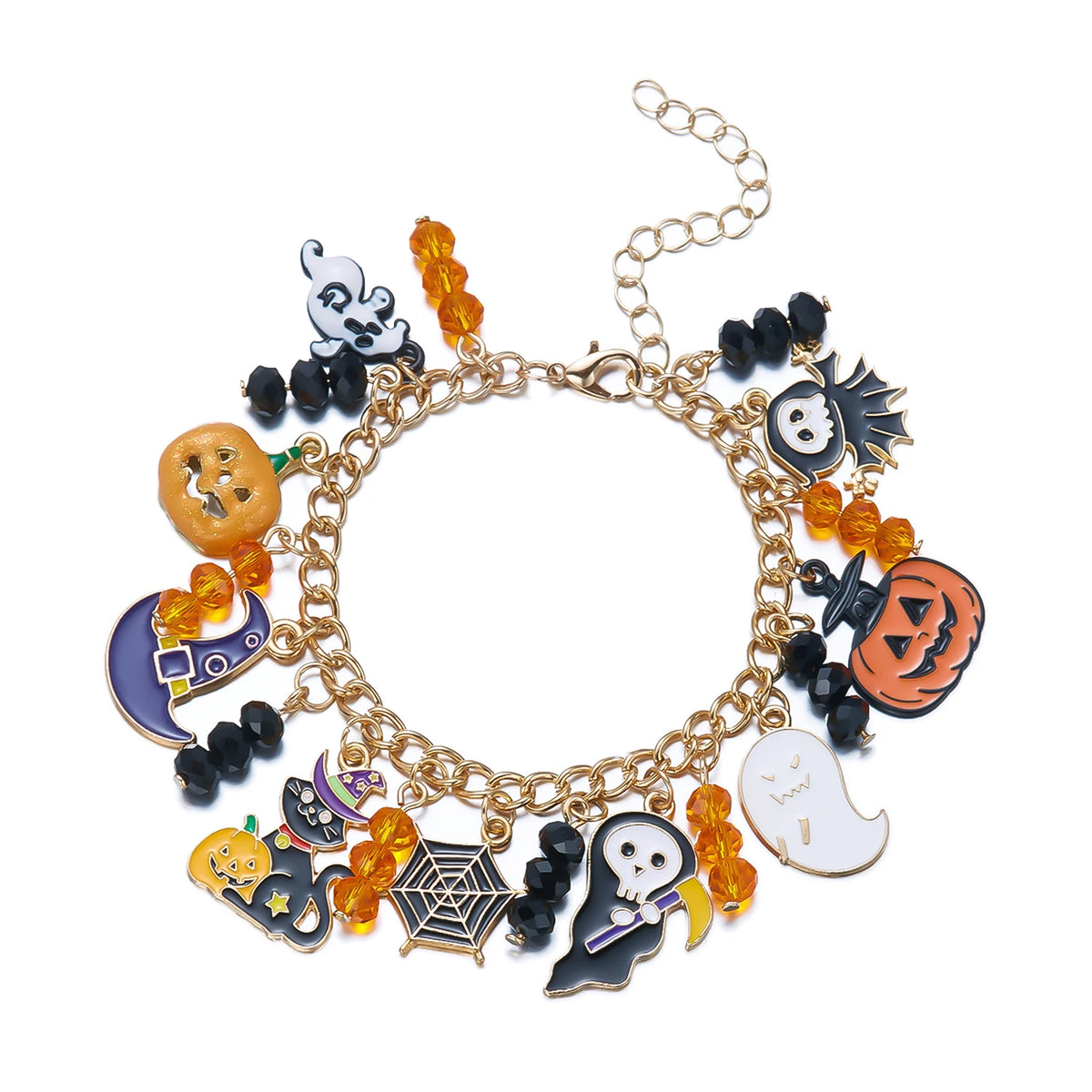 A gold charm bracelet featuring Halloween themed charms including pumpkins and ghosts.