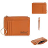 A brown leather card holder wallet with a textured finish and gold chain keychain.