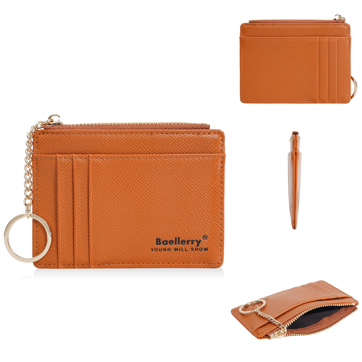 A brown leather card holder wallet with a textured finish and gold chain keychain.