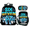 A black backpack and pouch set featuring the text SIX SEVEN with blue and orange accents.