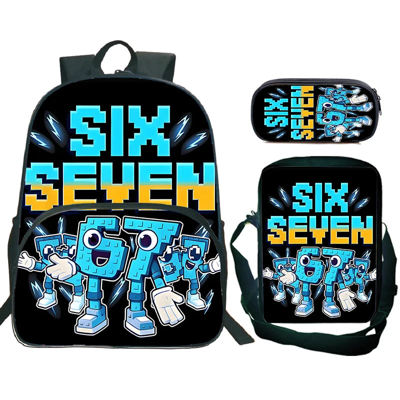 A black backpack and pouch set featuring the text SIX SEVEN with blue and orange accents.