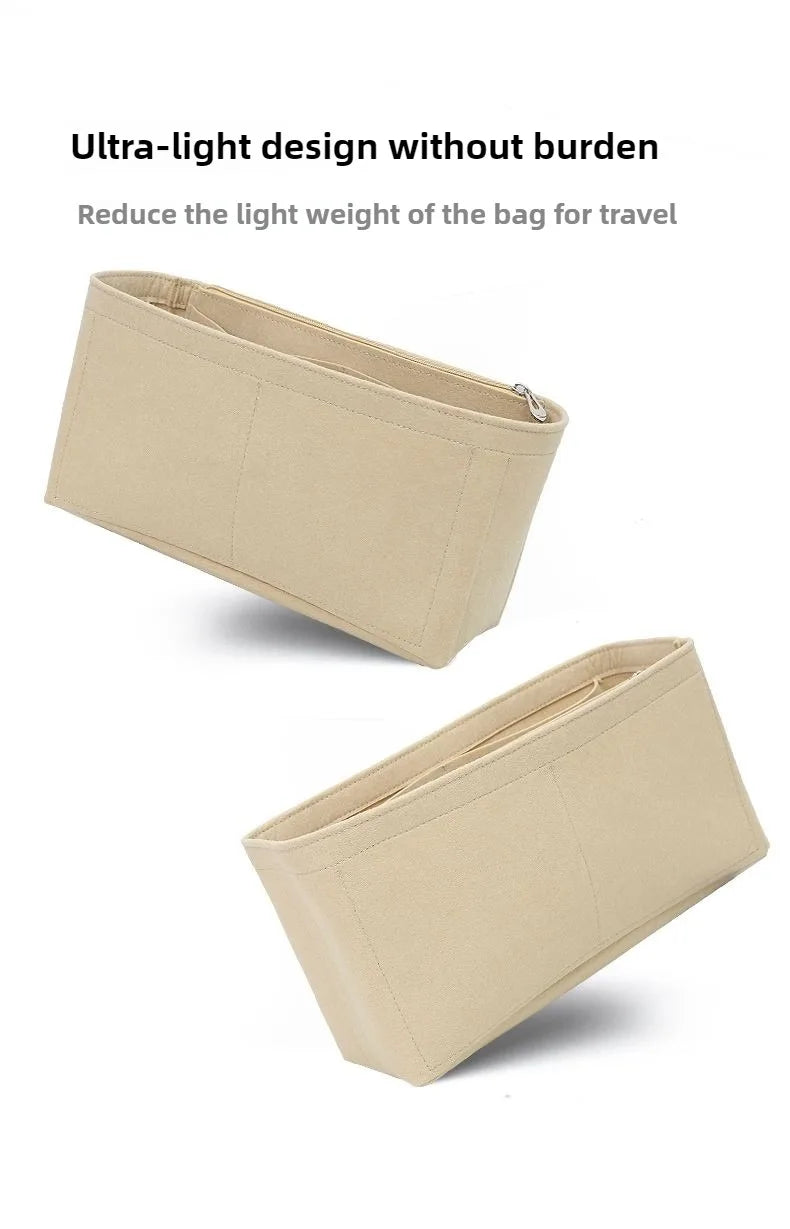 A beige felt bag organizer insert shown from the side and top view.