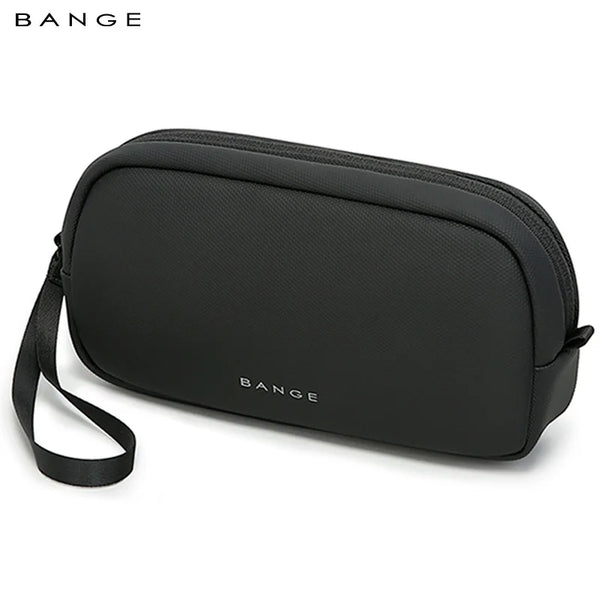A black Bange travel electronics organizer pouch shown from the side.