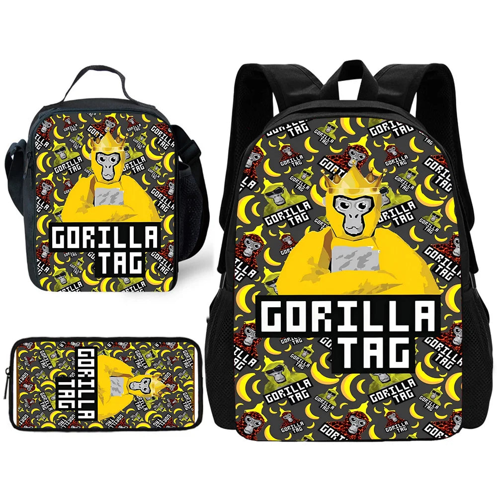 Un ensemble de trois sacs à dos de style gorille cartoon jaune et noir pour enfants.
