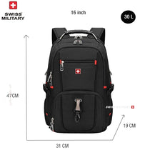 Black Swiss Military style laptop backpack with red accents and a red cross emblem