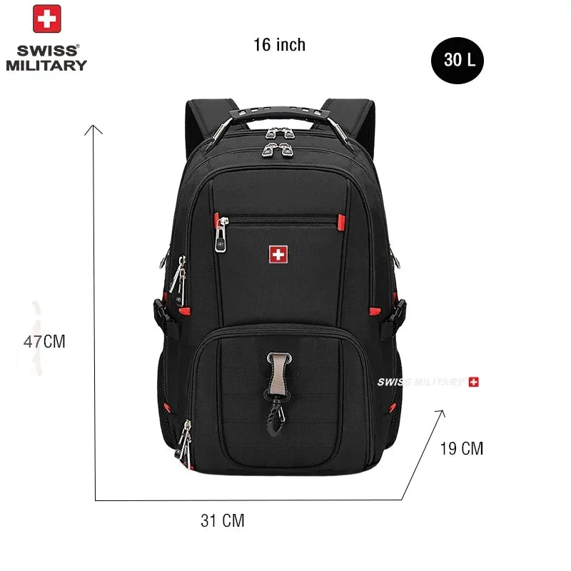 Black Swiss Military style laptop backpack with red accents and a red cross emblem