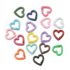 A collection of various heart-shaped metal spring clasps in different colors including green, blue, pink, purple, and silver.