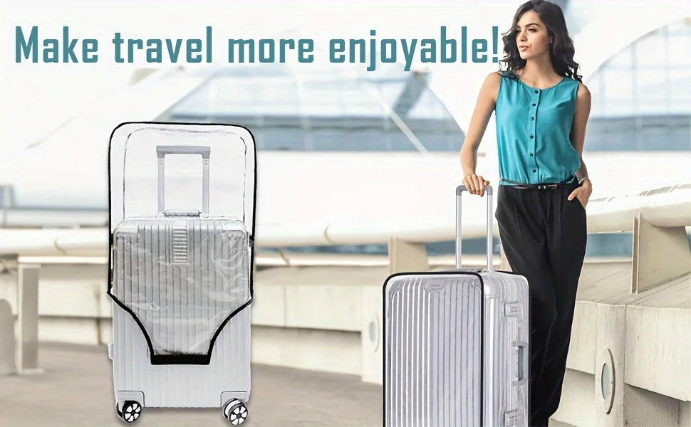 A woman stands next to two silver suitcases with a transparent PVC luggage cover set in an airport setting.