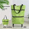 A lime green foldable shopping bag with a black strap and bottom bracket shown before and after folding.
