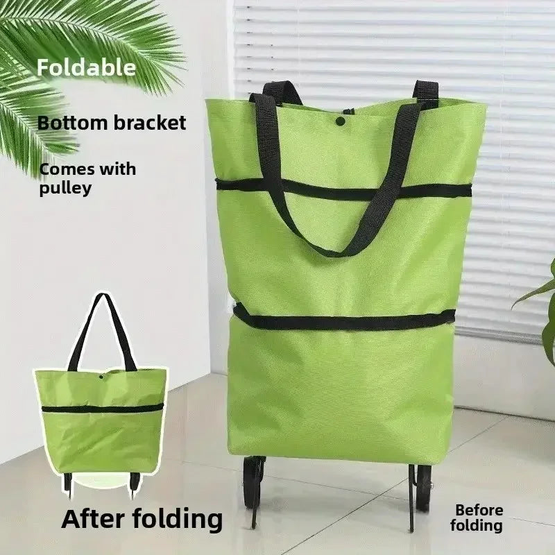 A lime green foldable shopping bag with a black strap and bottom bracket shown before and after folding.