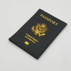 Black leather passport holder with gold embossed United States of America eagle design