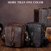 Two brown and black genuine cow leather crossbody bags displayed on a wooden surface with an antique box in the background.