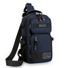 Navy blue multifunctional chest bag for sports and hiking with black straps and orange accents