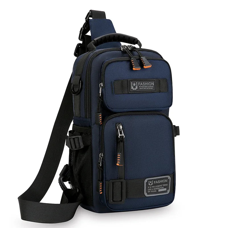 Navy blue multifunctional chest bag for sports and hiking with black straps and orange accents