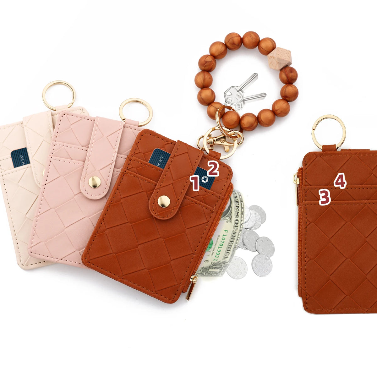 A brown quilted PU leather card holder wallet with a gold chain and wooden bangle.