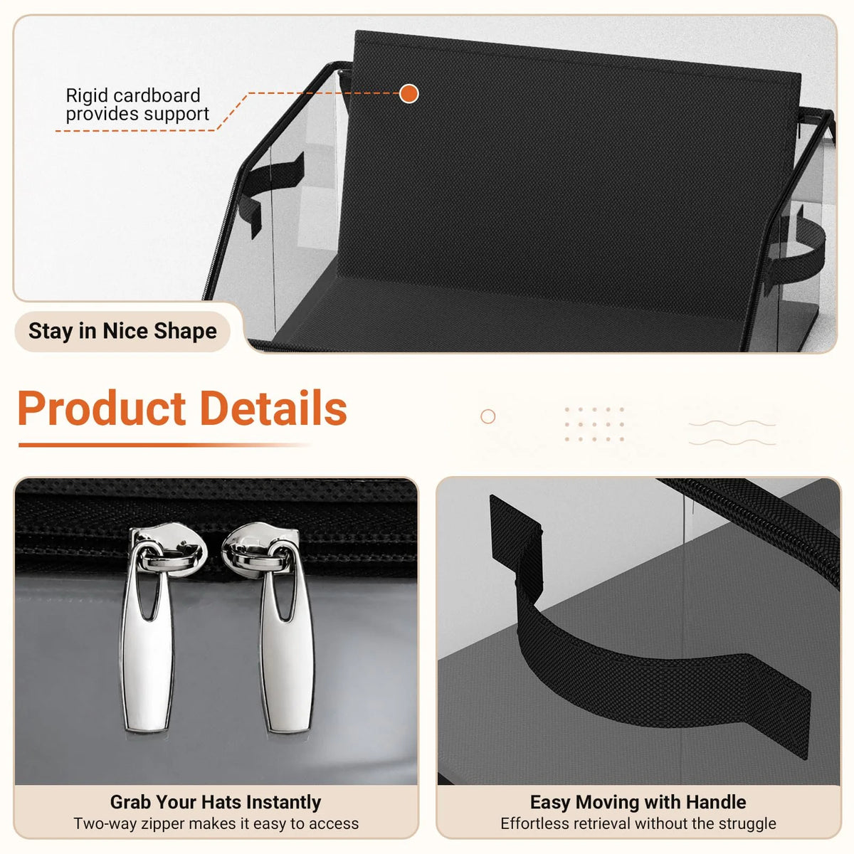 A clear plastic hat organizer with a rigid cardboard support and a handle for easy retrieval.