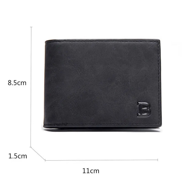 A black slim leather wallet for men featuring a coin pocket, shown from the side.