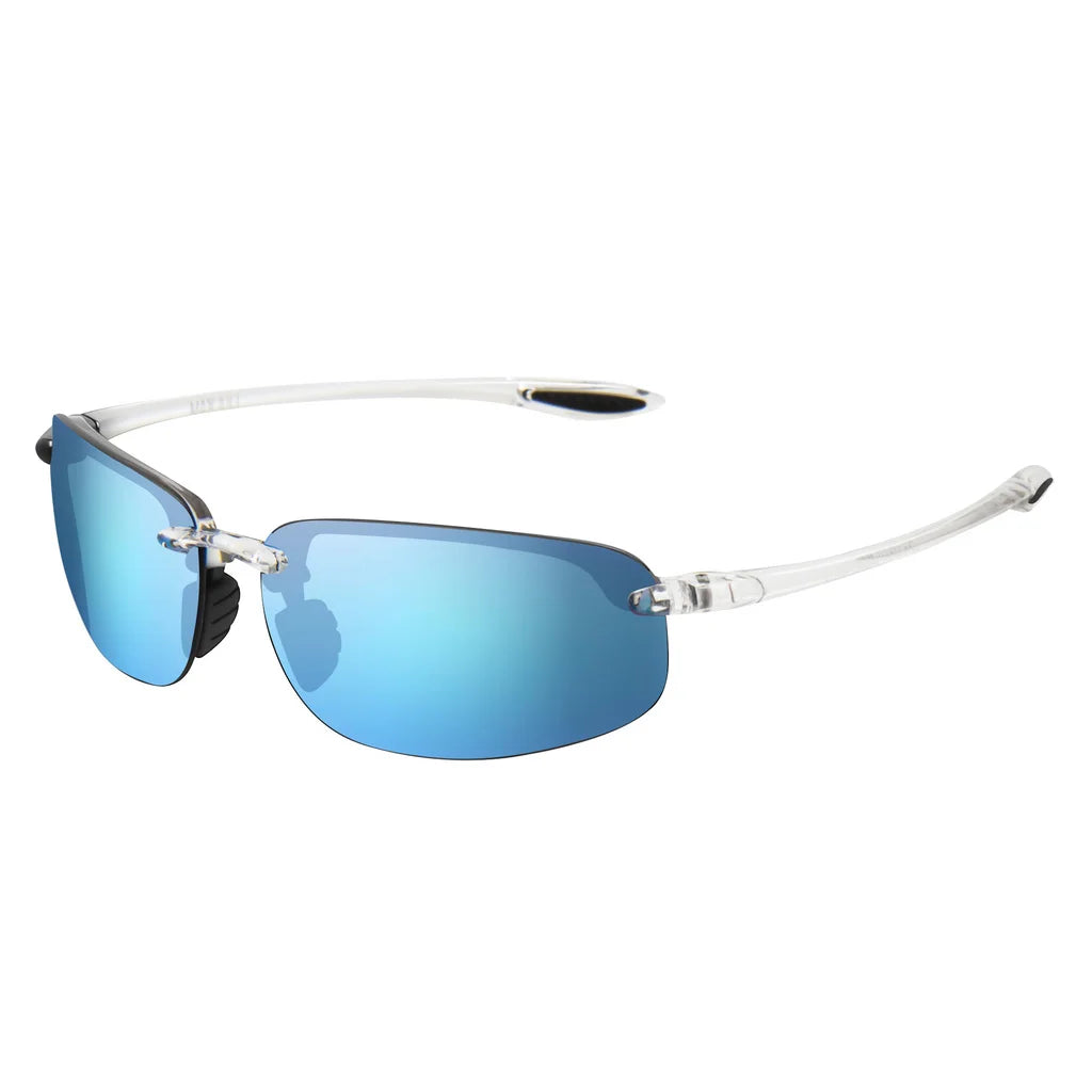 Rimless polarized sports sunglasses with blue mirrored lenses and silver frame