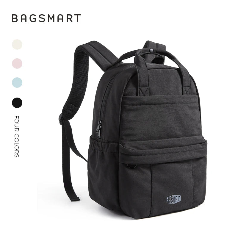 A black Bagsmart backpack with a shoulder strap and multiple compartments shown against a white background.