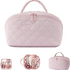 A pink lay-flat water-resistant makeup organizer bag with a quilted texture and a zippered compartment.