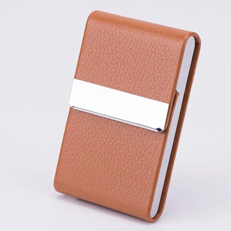 A brown PU leather business card holder with a silver metal strip on the front.