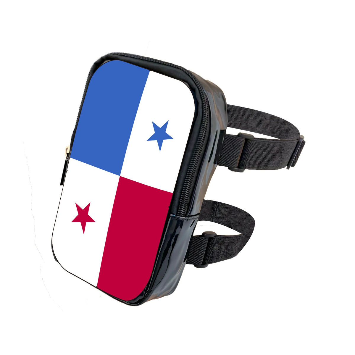 A black adjustable PU waist pouch featuring the flag of Mexico design with blue and red panels.