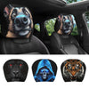 Set of four double-sided car headrest protectors with animal faces, including a dog, a skull, and a tiger.
